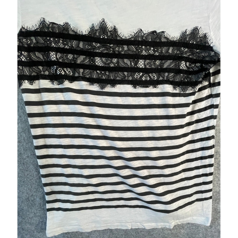LOFT Womens Long Sleeve Striped Tee Black White Lace Trim Slub Knit Top Small - Picture 6 of 14